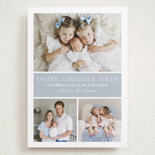 This is a bluebell grand birth announcements with standard by Vanessa Doyle called color block printing on recycled smooth signature in grand