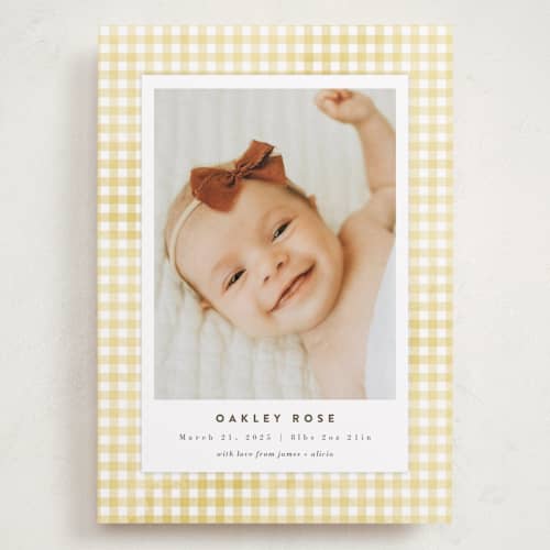 This is a marigold grand birth announcements with standard by Jessie Steury called gingham printing on recycled smooth signature in grand