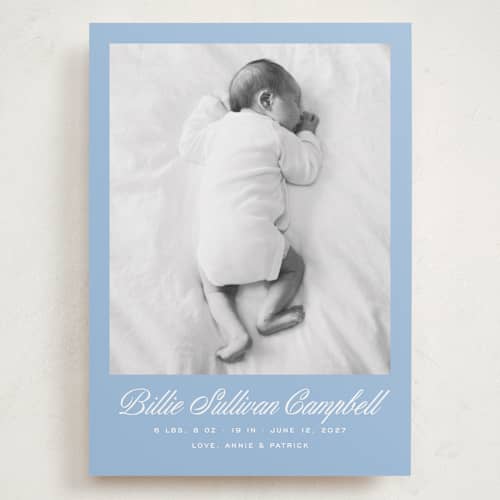 This is a chambray grand birth announcements with standard by Megan Davis called chambray printing on recycled smooth signature in grand