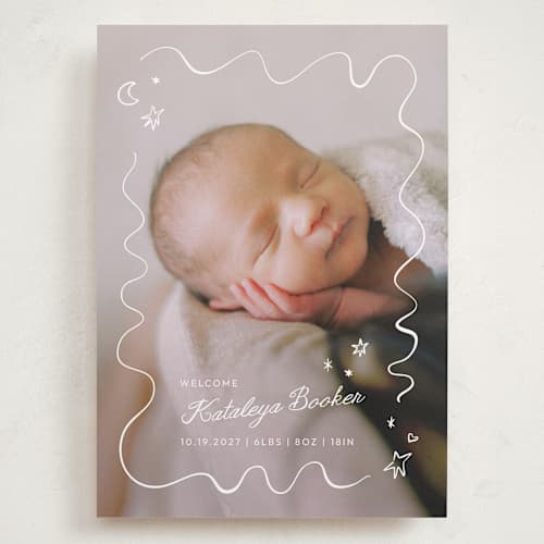 This is a linen grand birth announcements with standard by Zove Ahhh called dreamland printing on recycled smooth signature in grand