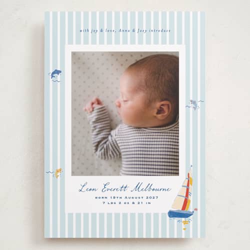 This is a maritime grand birth announcements with standard by Corinne Malesic called little sail boat printing on recycled smooth signature in grand