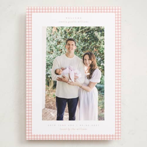 This is a blush grand birth announcements with standard by Claudia Orengo called preppy fabric printing on recycled smooth signature in grand