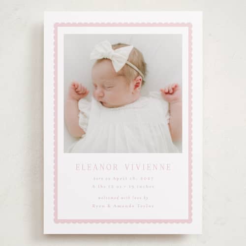 This is a petal grand birth announcements with standard by Emily Betts called sweetest scallop printing on recycled smooth signature in grand