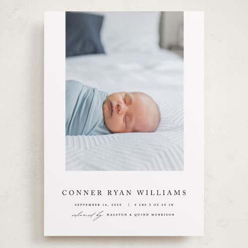 This is a onyx grand birth announcements with standard by Pixel and Hank called dreamer printing on recycled smooth signature in grand