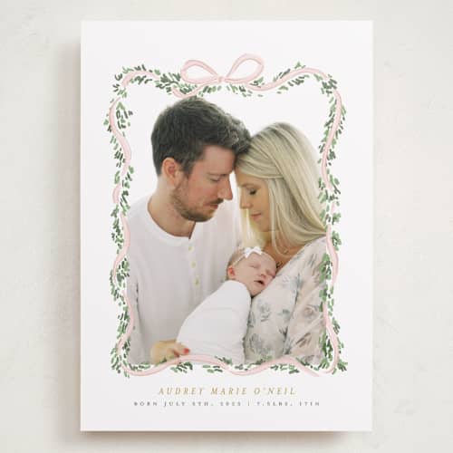 This is a blush grand birth announcements with standard by Itsy Belle Studio called ribbonly frame printing on recycled smooth signature in grand