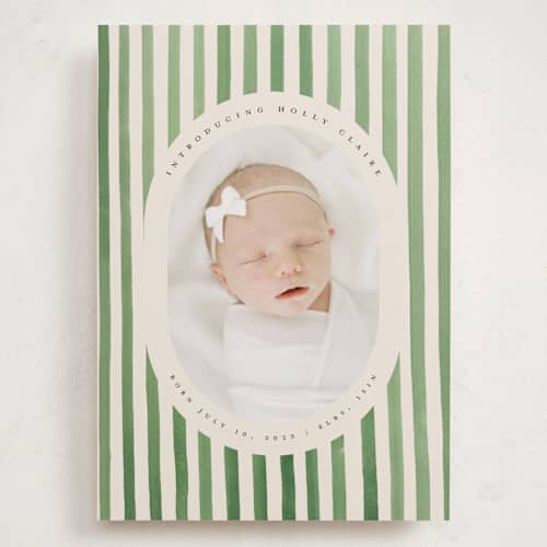 This is a candy apple grand birth announcements with standard by Teju Reval called vintage stripes printing on recycled smooth signature in grand