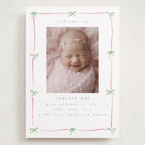 This is a candy grand birth announcements with standard by Susan Zinader called preppy bow border printing on recycled smooth signature in grand