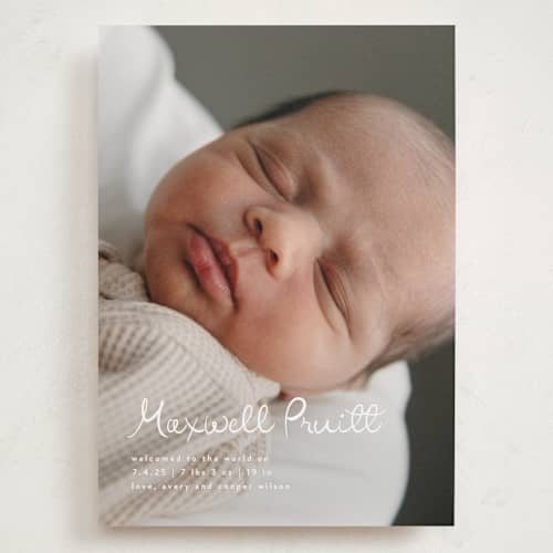 This is a snow grand birth announcements with standard by Lauren Chism called written whimsy printing on recycled smooth signature in grand