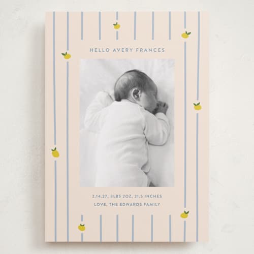 This is a carribean grand birth announcements with standard by Carolyn MacLaren called lemon stripes printing on recycled smooth signature in grand