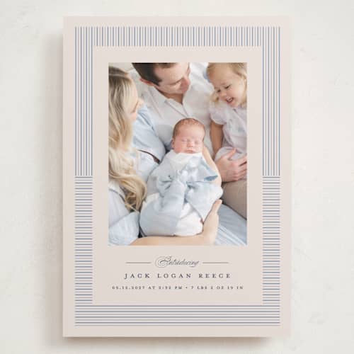 This is a cornflower grand birth announcements with standard by Erica Krystek called petite pinstripe printing on recycled smooth signature in grand