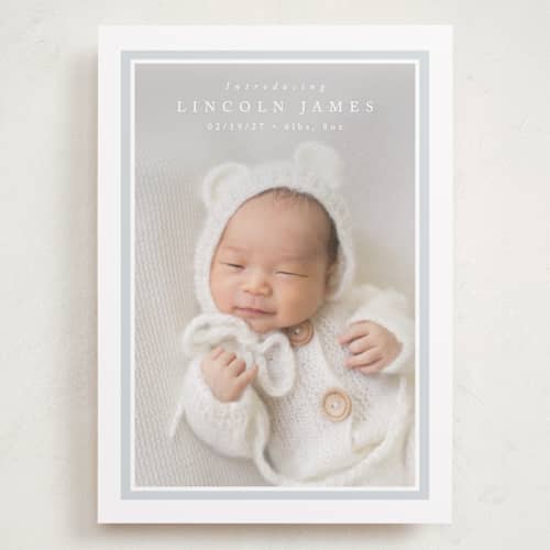 This is a soft sky grand birth announcements with standard by Olivia Raufman called tailored frame printing on recycled smooth signature in grand