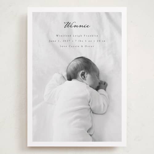 This is a noir grand birth announcements with standard by Emily Sabol Goss called simplicity printing on recycled smooth signature in grand