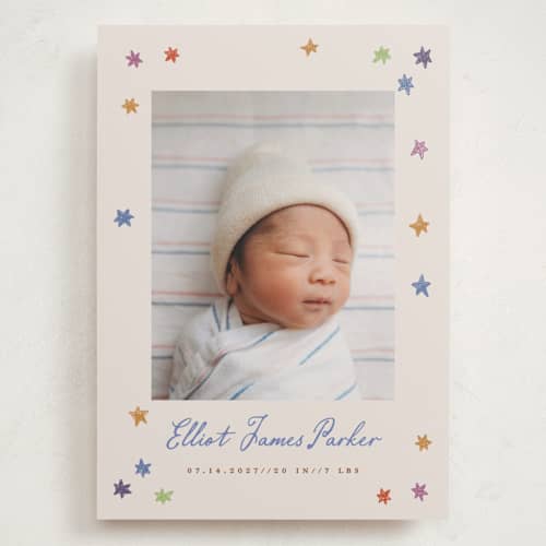 This is a rainbow grand birth announcements with standard by Maja Cunningham called starlight printing on recycled smooth signature in grand