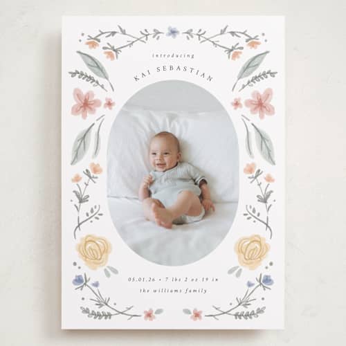 This is a meadow grand birth announcements with standard by Emily Sabol Goss called le jardin printing on recycled smooth signature in grand