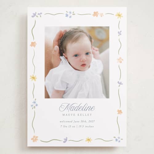 This is a bouquet grand birth announcements with standard by Robert and Stella called petite garden printing on recycled smooth signature in grand