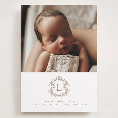 This is a fawn grand birth announcements with standard by mo kelley called crested printing on recycled smooth signature in grand
