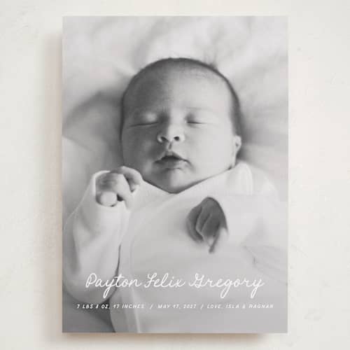 This is a milk grand birth announcements with standard by chocomocacino called cassatina printing on recycled smooth signature in grand
