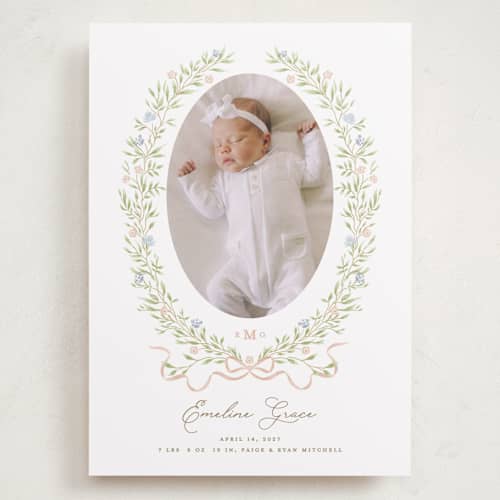 This is a vintage rose grand birth announcements with standard by Susan Zinader called floral crest printing on recycled smooth signature in grand