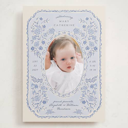 This is a delft grand birth announcements with standard by Grae called porcelain and lace printing on recycled smooth signature in grand