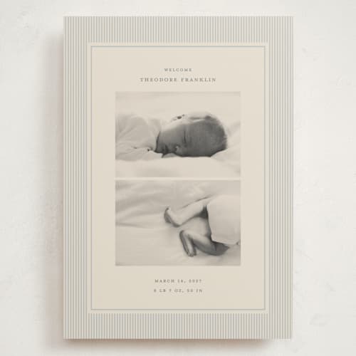 This is a powder grand birth announcements with standard by Ellen Schlegelmilch called pinstripe printing on recycled smooth signature in grand