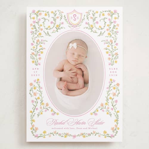 This is a cotton candy grand birth announcements with standard by Creo Study called cottagecore printing on recycled smooth signature in grand