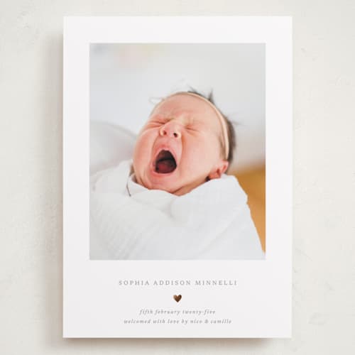 This is a charcoal grand birth announcements with foil pressed by Blustery August called heart printing on recycled smooth signature in grand