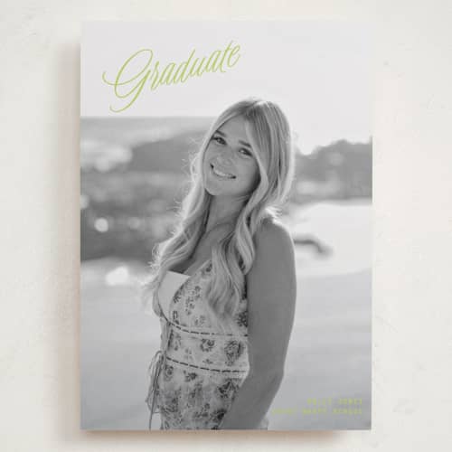 This is a lime graduation announcements with standard by JoAnn Jinks called neon vintage printing on recycled smooth signature in grand