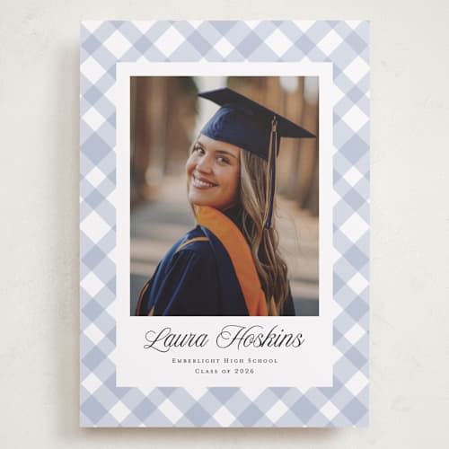 This is a powder graduation announcements with standard by Kampai Designs called gingham printing on recycled smooth signature in grand