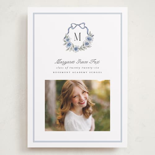 This is a cornflower graduation announcements with standard by Laura Hankins called floral crest printing on recycled smooth signature in grand
