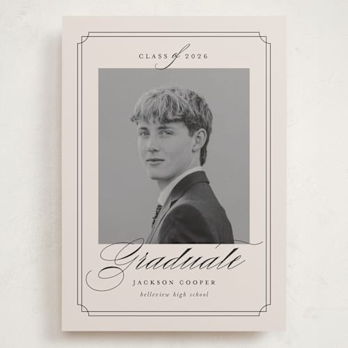 This is a taupe graduation announcements with standard by Ashley Iwafuchi called refined grad printing on recycled smooth signature in grand