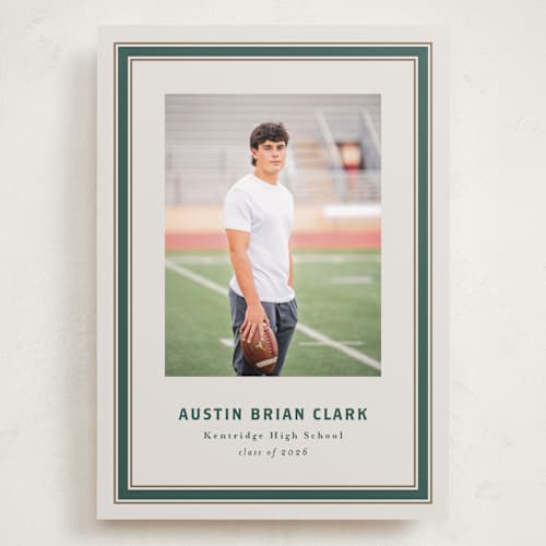 This is a evergreen graduation announcements with standard by Angela Garrick called varsity frame printing on recycled smooth signature in grand