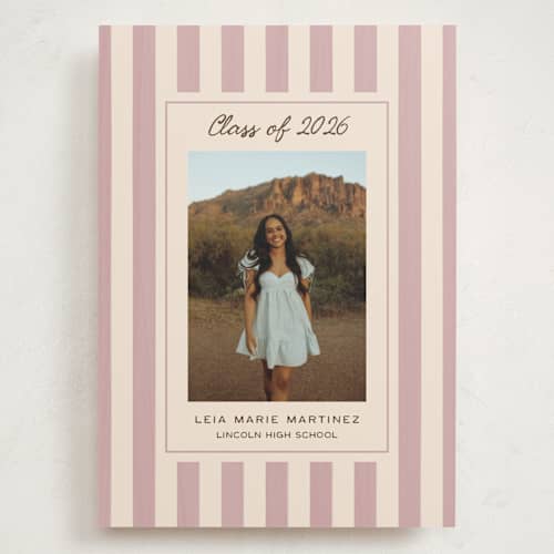 This is a blush graduation announcements with standard by Ani Somi called grad stripes printing on recycled smooth signature in grand