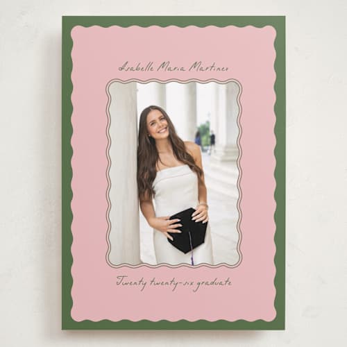 This is a sage graduation announcements with standard by Gabrielle Neil called lady lady printing on recycled smooth signature in grand