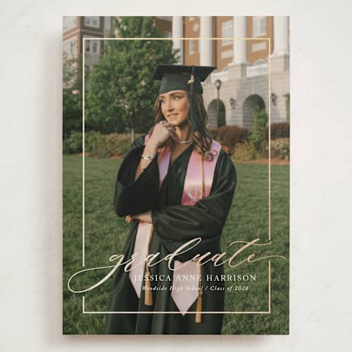 This is a ivory graduation announcements with foil pressed by Yaling Hou Suzuki called break boundaries printing on recycled smooth signature in grand