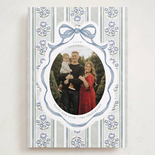 This is a blueberry holiday photo cards with standard by Jackie Crawford called wildflower holiday ribbon printing on recycled smooth signature in grand