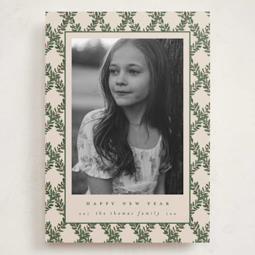 This is a eggnog holiday photo cards with standard by Leah Bisch called holly trellis printing on recycled smooth signature in grand