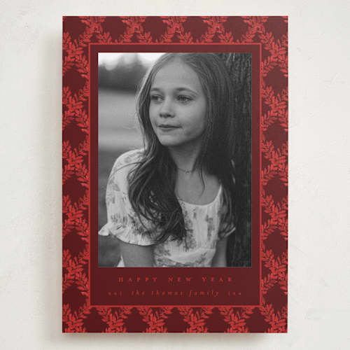 This is a holly berry holiday photo cards with standard by Leah Bisch called holly trellis printing on recycled smooth signature in grand