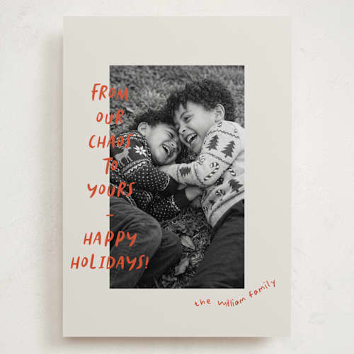 This is a crimson holiday photo cards with standard by Vera Lim called happy chaos printing on recycled smooth signature in grand