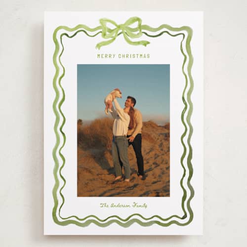 This is a sage holiday photo cards with standard by Cass Loh called watercolor ribbon frame printing on recycled smooth signature in grand