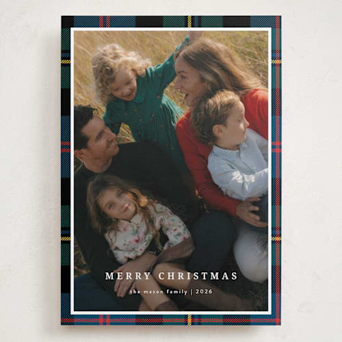 This is a navy holiday photo cards with standard by Ilene Guy called traditionally plaid printing on recycled smooth signature in grand