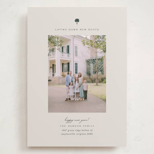This is a linen holiday photo cards with standard by Sierra Lee called new year, new roots printing on recycled smooth signature in grand