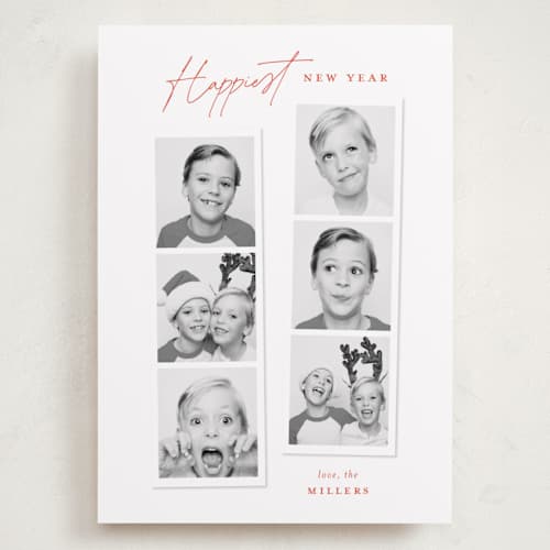 This is a ruby holiday photo cards with standard by Sarah Curry called joyful photo strips printing on recycled smooth signature in grand