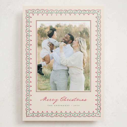 This is a wreath holiday photo cards with standard by letterfix called scallop trim printing on recycled smooth signature in grand