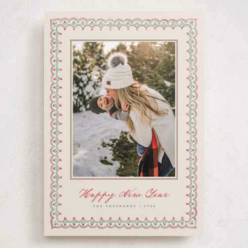 This is a wreath holiday photo cards with standard by letterfix called scallop trim printing on recycled smooth signature in grand
