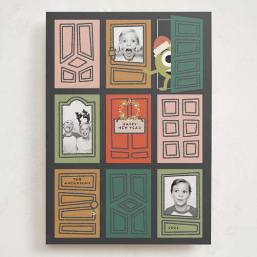 This is a santa holiday photo cards with standard by Claudia Orengo called pixar's mosters inc holiday doors printing on recycled smooth signature in grand