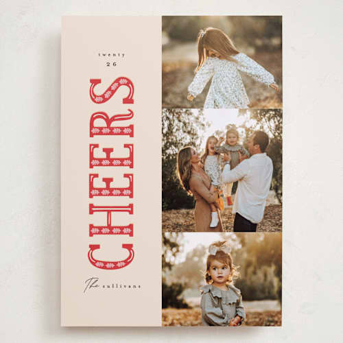 This is a poinsettia holiday photo cards with standard by Julie Murray called merry trio printing on recycled smooth signature in grand