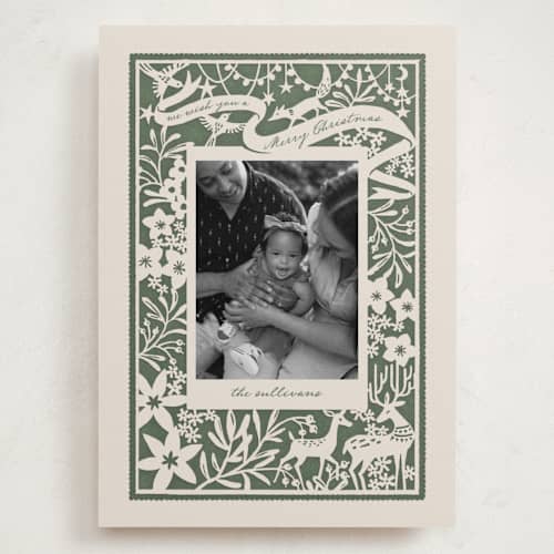 This is a pine holiday photo cards with standard by Leia Matt called woodland papercut printing on recycled smooth signature in grand