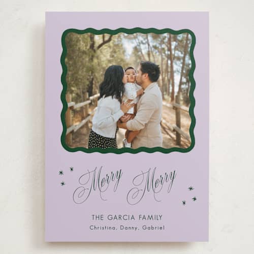 This is a sugar plum holiday photo cards with standard by Lauren Jopling called squiggle and stars printing on recycled smooth signature in grand