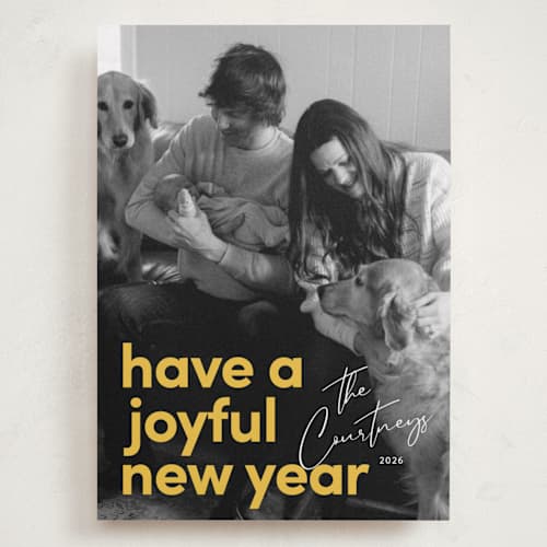 This is a goldenrod holiday photo cards with standard by Kacey Kendrick Wagner called bright message printing on recycled smooth signature in grand