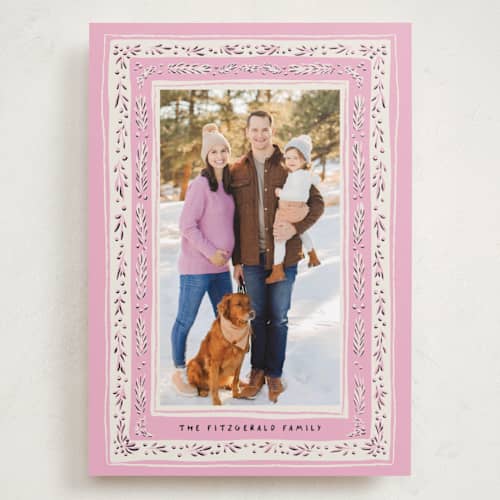 This is a rose holiday photo cards with standard by Gwen Bedat called modern tapestry printing on recycled smooth signature in grand
